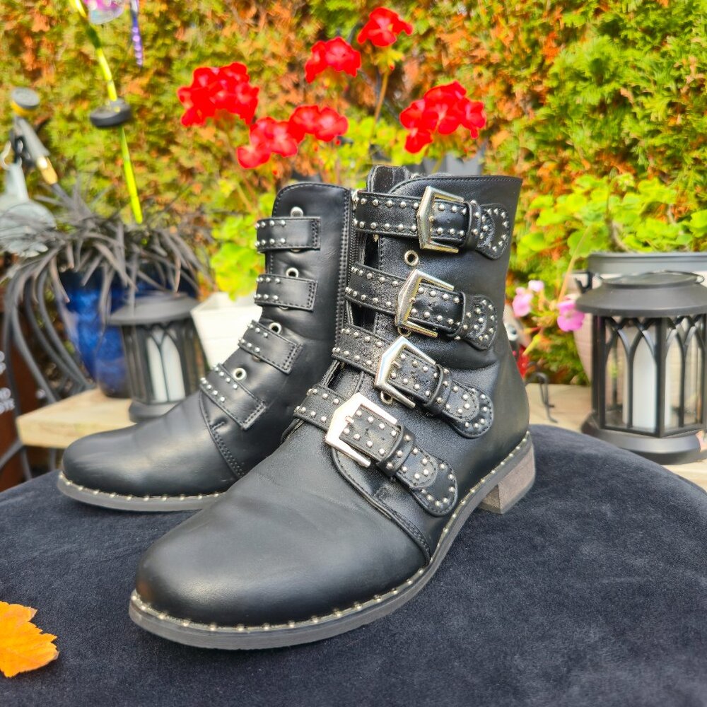 Women's Black Studded Multi-Strap Buckled Ankle Boots